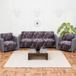 Aura Brown & Pink 10 Pieces Floral Printed Cotton 5 Seater Sofa Covers-image-32