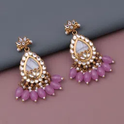 BELWICK Brass-Plated Kundan Studded And Pearls Beaded Teardrop Shaped Drop Earrings-image-65