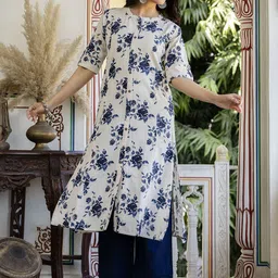 Pistaa Floral Printed Mandarin Collar Pure Cotton A-lineKurta With Trousers-picture-25