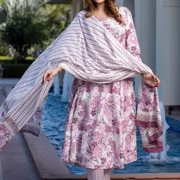 KALINI Floral Printed Pure Cotton Anarkali Kurta With Trousers & Dupatta-24