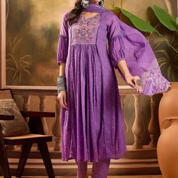 Vastramyaa Bandhani Printed Pleated Sequinned Pure Cotton Kurta With Trousers & Dupatta-image-12