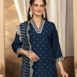 KALINI Women Printed Regular Sequinned Kurta with Palazzos & With Dupatta image 3