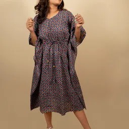 Vivika Ajrakh Print Kimono Sleeve Tie-Up Cotton Kaftan Midi Dress-image-29