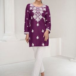 AUTUMN LANE Women Ethnic Motifs Printed Regular Thread Work Pure Cotton Kurti with Trousers & With Dupatta-image-5