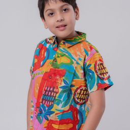 HERE&NOW Boys Comfort Fit Floral Printed Spread Collar Cotton Casual Shirt-image-42