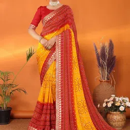 Lookmark Printed Embroidered Pure Georgette Bandhani Saree-image-28