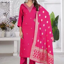 SIDYAL Women Floral Embroidered Regular Pure Cotton Kurta with Trousers & With Dupatta-56