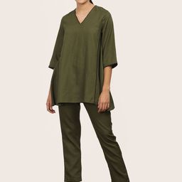 Saltpetre Women Olive V-Neck Tunic With Trousers Co-Ords Set-image-94