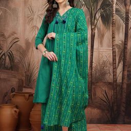 HERE&NOW Floral Yoke Design V-Neck Pure Cotton A-Line Kurta With Palazzos & Dupatta-picture-16