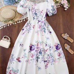 YK Girls Floral Printed Puff Sleeves Fit & Flare Dress-picture-11