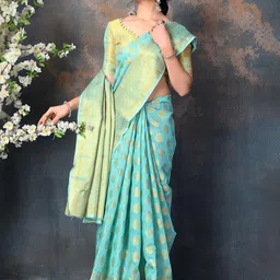 Areca Designer Ethnic Motifs Zari Linen Blend Banarasi Saree-55