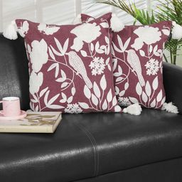 Ode & Cleo Maroon & White Set of 2 Embroidered Square Cushion Covers-4