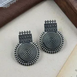Naman Arts Silver Toned Plated Circular Oxidised Drop Earrings-image-15