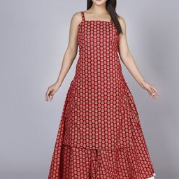 ANTU KURTIES Floral Printed Shoulder Straps Sleeveless Pure Cotton Kurta With Skirt-31
