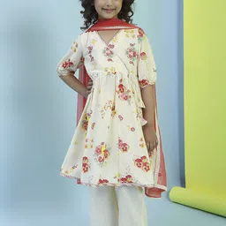 Biba Girls Floral Printed Angrakha Pure Cotton Anarkali Kurta With Trouser & Dupatta-image-0