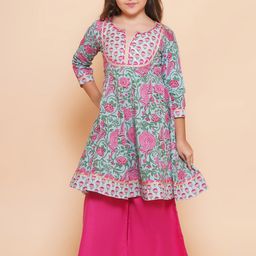 Bitiya by Bhama Girls Floral Printed Empire Gotta Patti Pure Cotton Kurta with Sharara-image-21