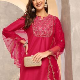 Anouk Pink Floral Embroidered Sequinned Straight Kurta With Trousers & Dupatta-41