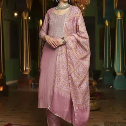 Sangria Mauve Floral Embroidered Round Neck Straight Kurta With Trouser & Dupatta-41