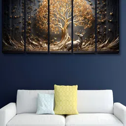 Aura Black & Gold-Toned 5 Pieces Tree Deer Printed Wooden Wall Paintings-image-90