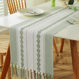 ANA Green & White Self-Designed Pure Cotton 6-Seater Tasseled Table Runners-picture-49