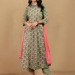 House of Pataudi Floral Printed Round Neck A-Line Kurta & Trousers With Dupatta-image-38