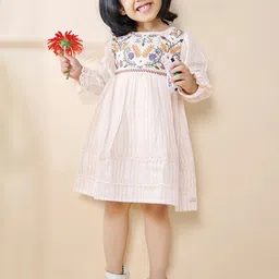 Sangria Girls Floral Embroidered Khadi Cotton Knee Length Dress-picture-26