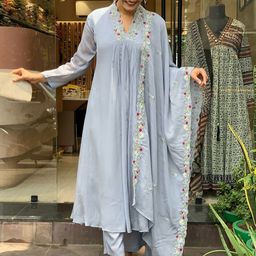 Moda Rapido Floral Embroidered V Neck A Line Kurta With Trousers & Dupatta-32