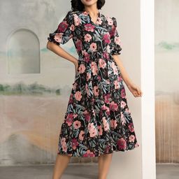 DressBerry Women Floral Printed Mandarin Collar Puff Sleeves Tiered Fit And Flare Dress-image-78