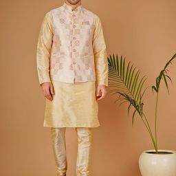 Dulha Ghar Mandarin Collar Cotton Silk Straight Kurta With Churidar & Jacket-image-68