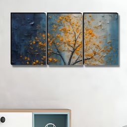 SAF Navy Blue & Orange 3 Piece Wood Floral and Botanical Wall Paintings-image-20