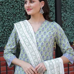 Taavi Women Hand Block Printed Cotton Kurta Set With Dupatta-14