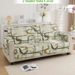 HOKIPO Beige & Green Abstract Printed Waterproof 2 Seater Sofa Cover With Arms-11