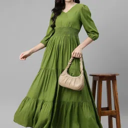 Raiyani Fashion Women Smocked Tiered V-Neck Fit & Flare Maxi Dress-picture-8