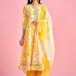Parth Fab Floral Printed Notch Neck Mirror Work Anarkali Kurta with Trousers & Dupatta-picture-29