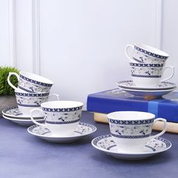 UPC Set of 6 White & Blue Floral Printed Glossy Ceramic Cups & Saucer Set 180ml-2