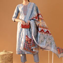 Tulsattva Geometric Embroidered Regular Chanderi Cotton Kurta With Trouser With Dupatta-image-39