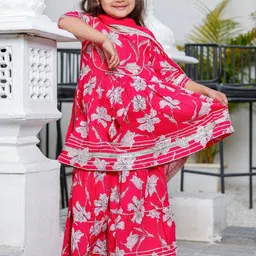 Stuffie Land Girls Floral Printed Angrakha Mirror Work Kurta Set With Dupatta-image-1