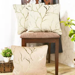 IVAZA Cream-Coloured & Gold-Toned Set of 3 Abstract Velvet Square Cushion Covers-9