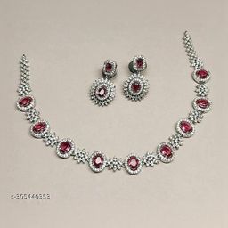 TIYARA Women Silver & Red Stoned Jewellery Set with Necklace and Earrings-image-98