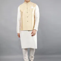 Manish Creations Woven Design Mandarin Collar Straight Kurta with Churidar & Nehru jacket-picture-3