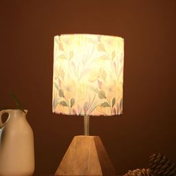 green girgit Brown & Pink Floral Printed Cylindrical Shaped Wooden Table Lamp with Bulb-7