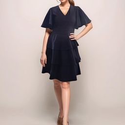Zink London Women Layered Fit & Flare V-Neck Short Sleeves Dress-image-80