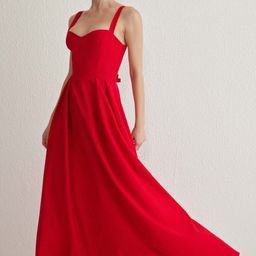 Trendyol Women Solid Red Sweetheart Neck Flared Hem Maxi Dress-image-38