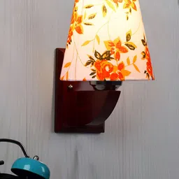 Devansh White & Orange Printed Wood Traditional Frustum Shaped Wall Lamp-14