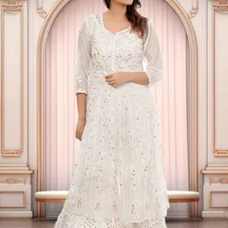 ADR CHIKAN Floral Embroidered Gotta Patti Georgette Anarkali Kurta With Sharara-20
