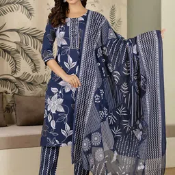 Trendmalls Women Ethnic Printed Beads and Stones Straight Kurta with Trousers & Dupatta-picture-44