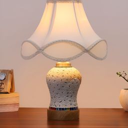 Devansh Off White Textured Wooden Frustum Shaped Table Lamp With Mosaic Glass Base-12