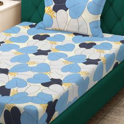 KLOTTHE Blue & White Floral Printed 300 TC Fitted Single Bedsheet With Pillow Cover-image-55