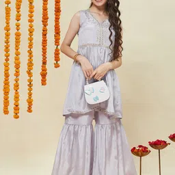 CurlyTales Girls Ethnic Motifs Embroidered Kurta with Sharara-image-115