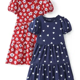 Honeyhap Girls Pack of 2 Printed Puff Sleeve Cotton Fit and Flare Dress-image-69
